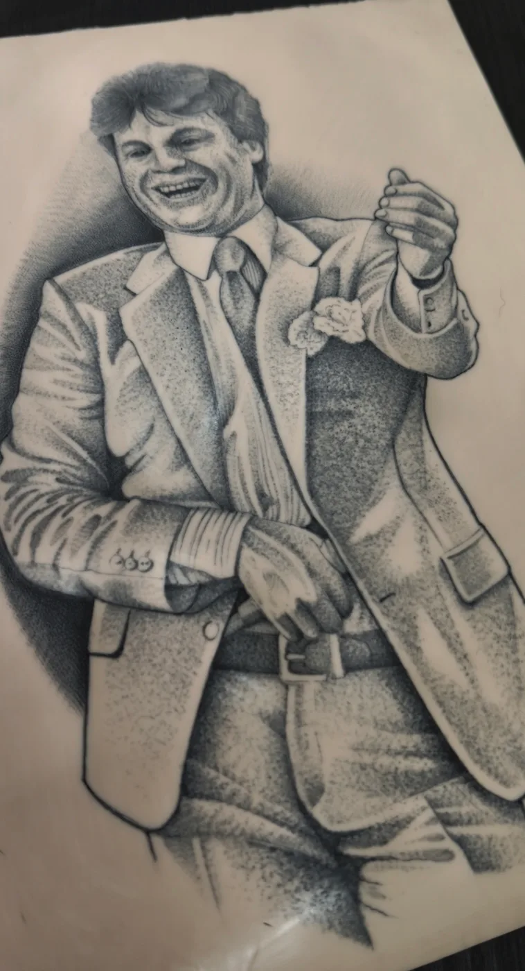 Retrato de un hombre de traje resuelto por completo en puntillismo.
