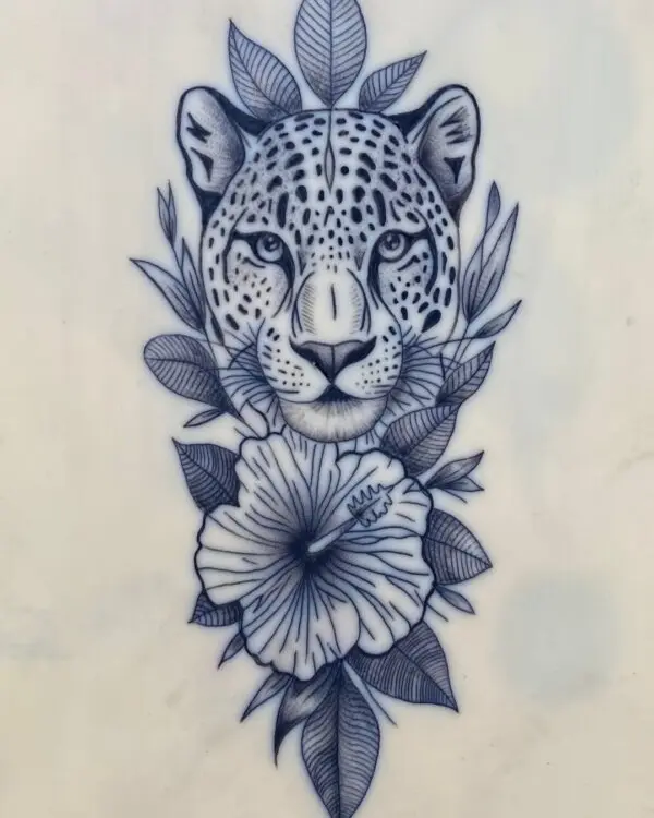 Cabeza de leopardo sobre una flor de hibisco y hojas, en puntillismo y línea.
