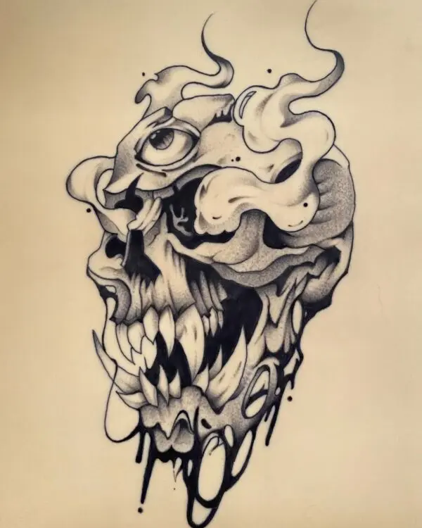 Cráneo derritiéndose con un tercer ojo y humo, en negro y grises.